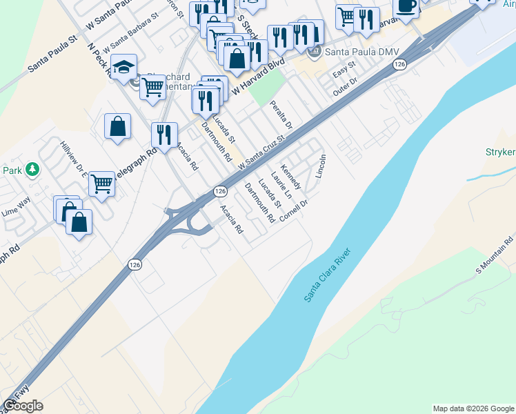 map of restaurants, bars, coffee shops, grocery stores, and more near 430 Dartmouth Road in Santa Paula