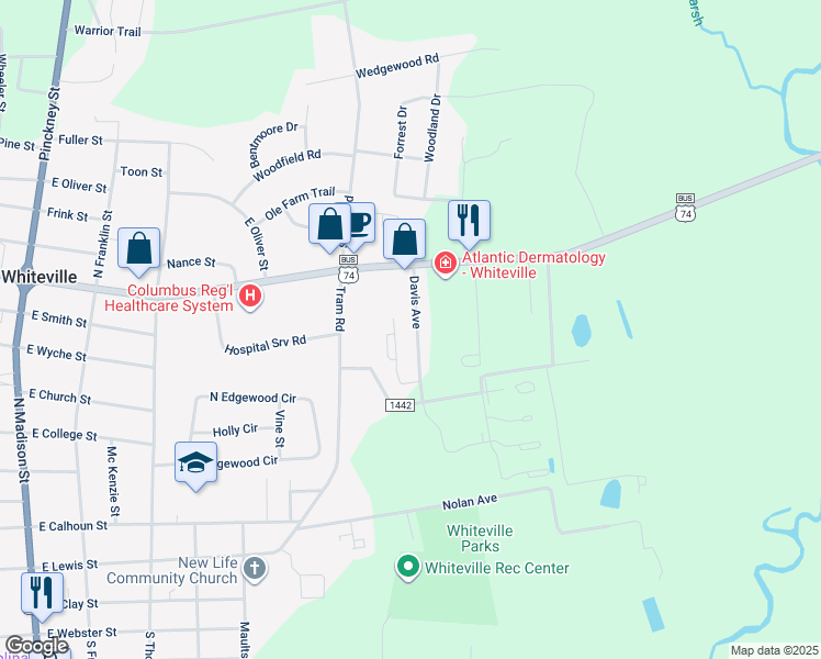 map of restaurants, bars, coffee shops, grocery stores, and more near 711 Davis Avenue in Whiteville