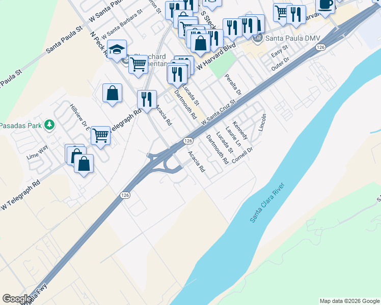 map of restaurants, bars, coffee shops, grocery stores, and more near 539 Acacia Road in Santa Paula