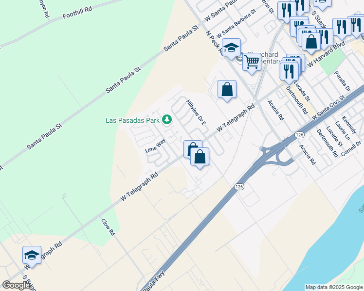 map of restaurants, bars, coffee shops, grocery stores, and more near 250 Via Del Prado in Santa Paula