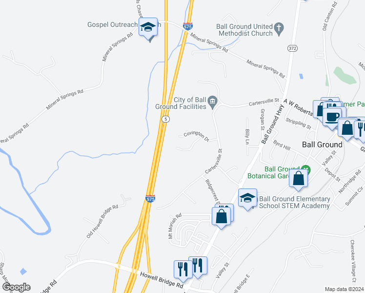 map of restaurants, bars, coffee shops, grocery stores, and more near 212 Harris Court in Ball Ground