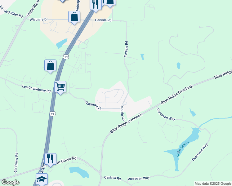 map of restaurants, bars, coffee shops, grocery stores, and more near 107 Greenfield Drive in Dawsonville