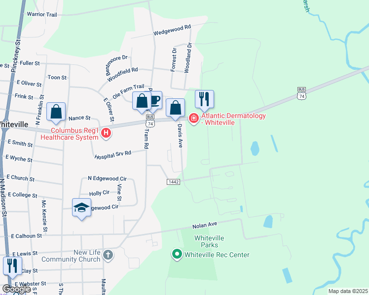 map of restaurants, bars, coffee shops, grocery stores, and more near 708 Davis Avenue in Whiteville