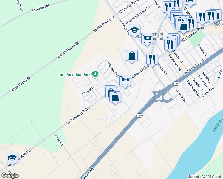 map of restaurants, bars, coffee shops, grocery stores, and more near 975 West Telegraph Road in Santa Paula