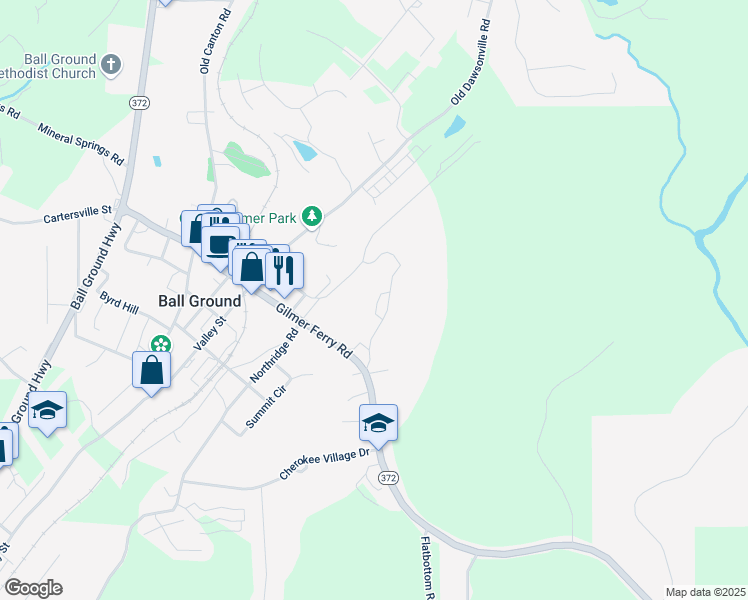 map of restaurants, bars, coffee shops, grocery stores, and more near 213 Brogans Bluff in Ball Ground