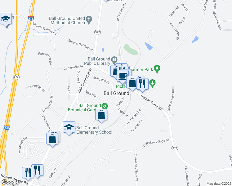 map of restaurants, bars, coffee shops, grocery stores, and more near in Ball Ground