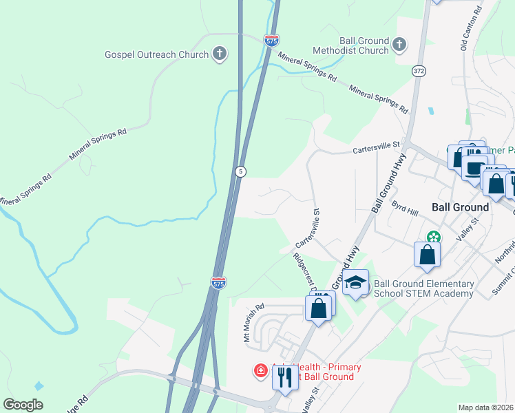 map of restaurants, bars, coffee shops, grocery stores, and more near 216 Harris Court in Ball Ground