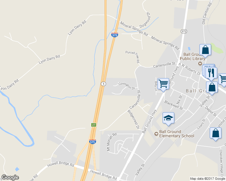 map of restaurants, bars, coffee shops, grocery stores, and more near 216 Harris Court in Ball Ground