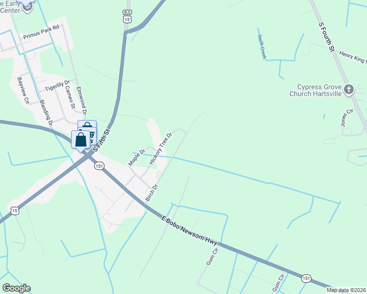 map of restaurants, bars, coffee shops, grocery stores, and more near 1753 Birch Drive in Hartsville