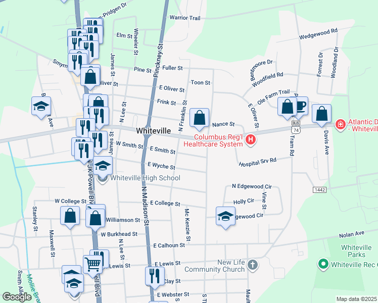 map of restaurants, bars, coffee shops, grocery stores, and more near 211 East Smith Street in Whiteville