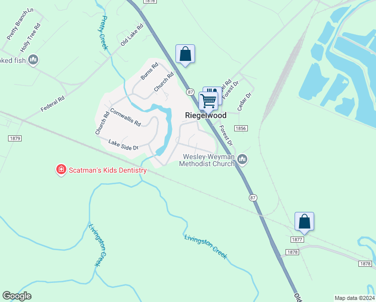 map of restaurants, bars, coffee shops, grocery stores, and more near 209 Cornwallis Road in Riegelwood