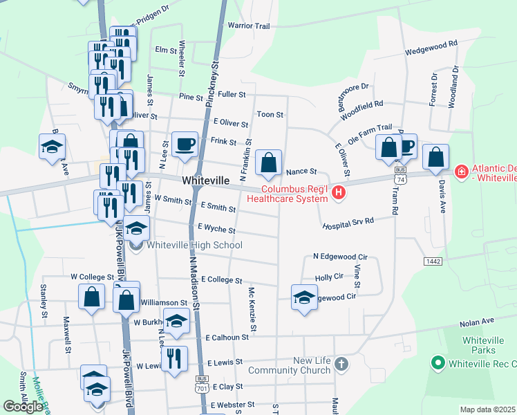 map of restaurants, bars, coffee shops, grocery stores, and more near in Whiteville