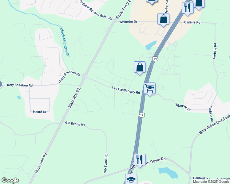 map of restaurants, bars, coffee shops, grocery stores, and more near 89 Berry Drive in Dawsonville