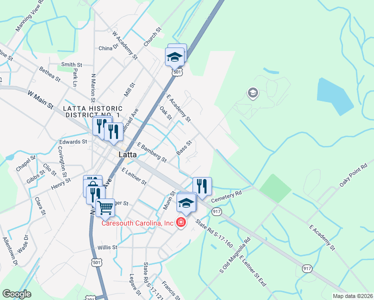 map of restaurants, bars, coffee shops, grocery stores, and more near 411 East Leitner Street in Latta
