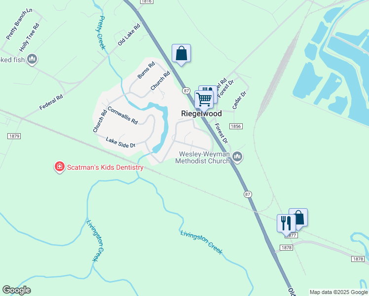 map of restaurants, bars, coffee shops, grocery stores, and more near 209 Cornwallis Road in Riegelwood