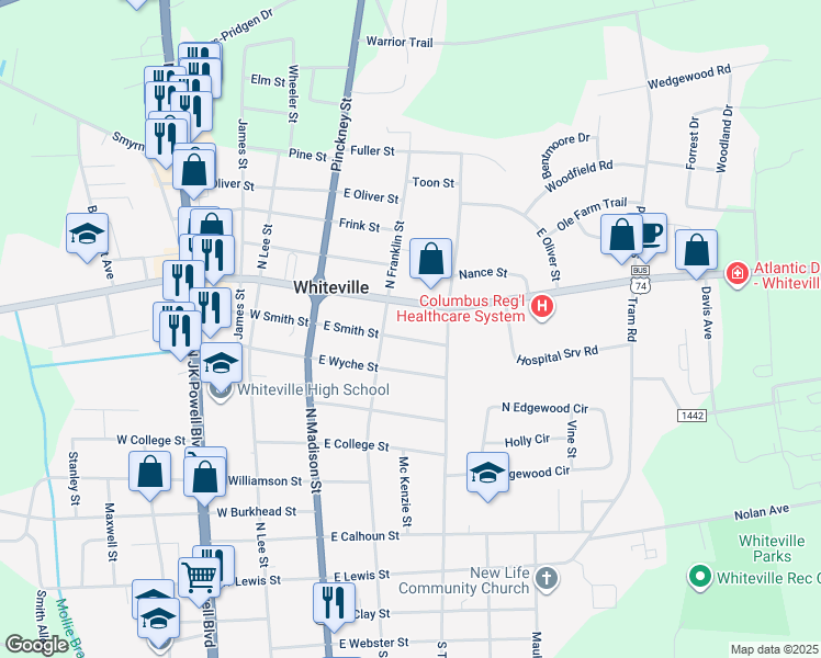 map of restaurants, bars, coffee shops, grocery stores, and more near 211 East Smith Street in Whiteville