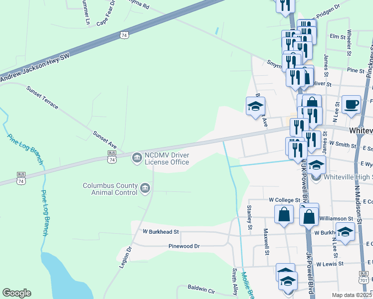 map of restaurants, bars, coffee shops, grocery stores, and more near 710-898 Highway 130 in Whiteville