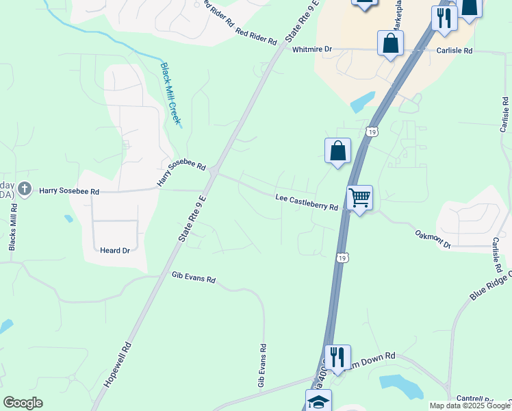 map of restaurants, bars, coffee shops, grocery stores, and more near 107 Parkwood Drive in Dawsonville