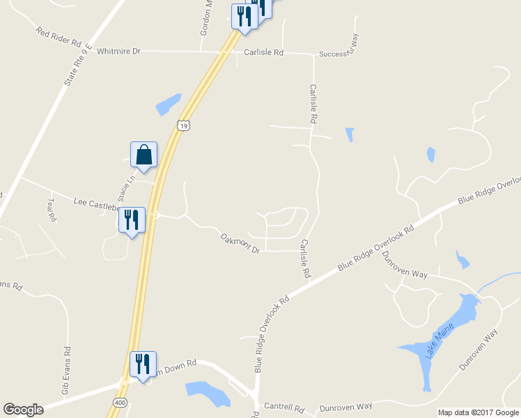 map of restaurants, bars, coffee shops, grocery stores, and more near 144 Northfield Circle in Dawsonville