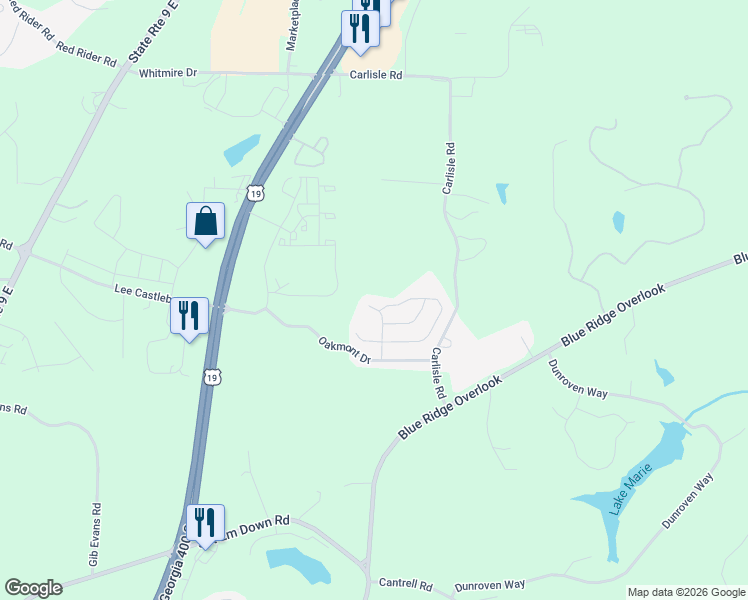 map of restaurants, bars, coffee shops, grocery stores, and more near 144 Northfield Circle in Dawsonville