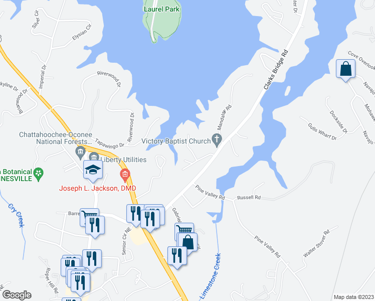 map of restaurants, bars, coffee shops, grocery stores, and more near 2821 Evergreen Place in Gainesville