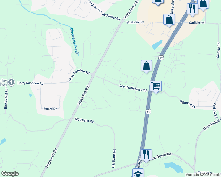 map of restaurants, bars, coffee shops, grocery stores, and more near 101 Parkwood Drive in Dawsonville