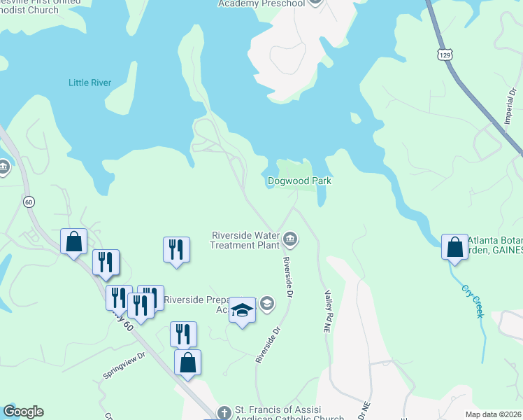 map of restaurants, bars, coffee shops, grocery stores, and more near 2210 Riverside Drive in Gainesville