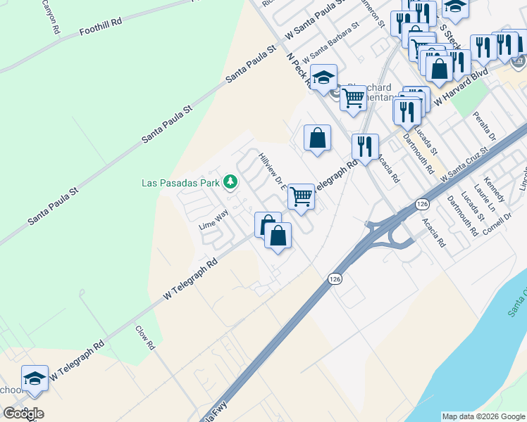 map of restaurants, bars, coffee shops, grocery stores, and more near 975 West Telegraph Road in Santa Paula