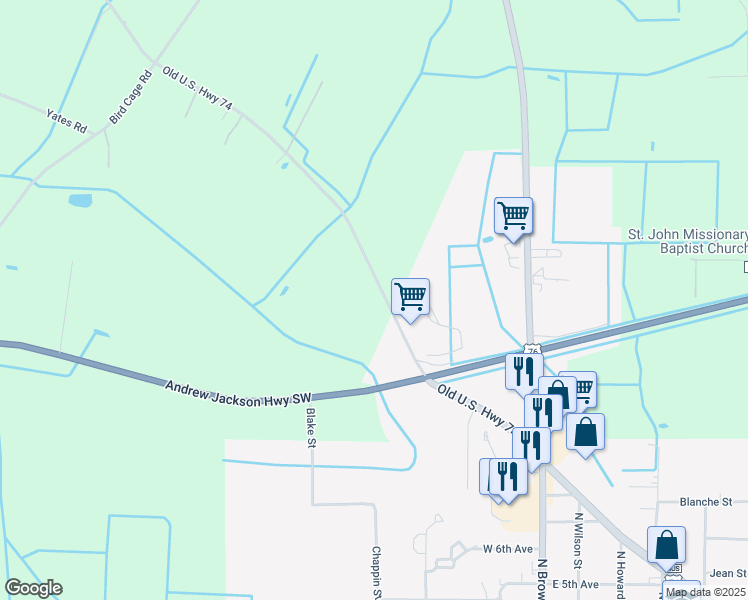 map of restaurants, bars, coffee shops, grocery stores, and more near 593 Old U.S. Highway 74 in Chadbourn