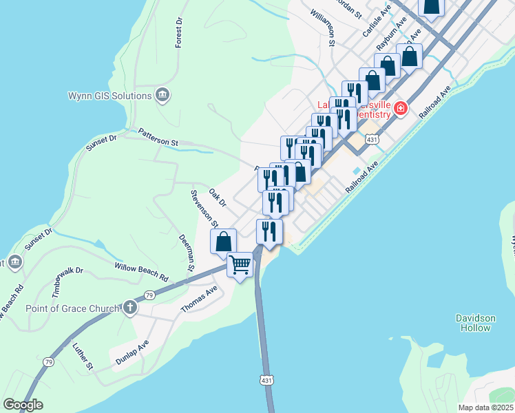 map of restaurants, bars, coffee shops, grocery stores, and more near 2049 Obrig Avenue in Guntersville