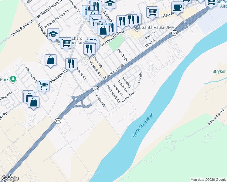 map of restaurants, bars, coffee shops, grocery stores, and more near 419 Dartmouth Road in Santa Paula