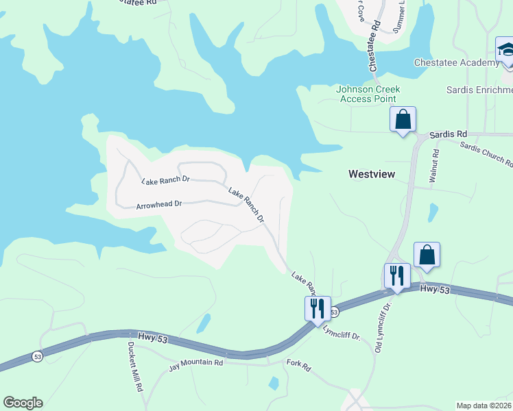 map of restaurants, bars, coffee shops, grocery stores, and more near 3104 Lake Ranch Drive in Gainesville