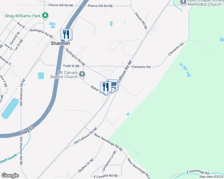 map of restaurants, bars, coffee shops, grocery stores, and more near 4573 Calhoun Highway Northeast in Rome