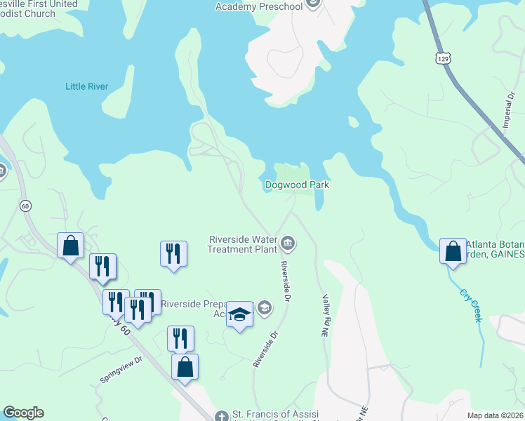 map of restaurants, bars, coffee shops, grocery stores, and more near 2173 Dawn Court in Gainesville