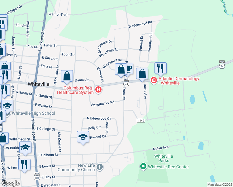 map of restaurants, bars, coffee shops, grocery stores, and more near 502 Jefferson Street in Whiteville
