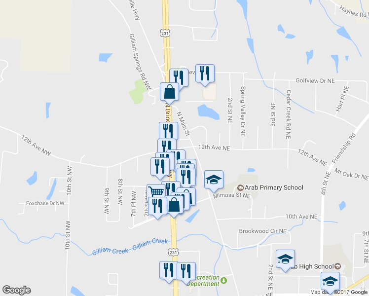 map of restaurants, bars, coffee shops, grocery stores, and more near 100 12th Avenue Northwest in Arab