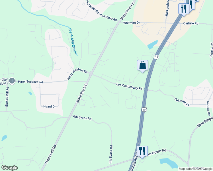 map of restaurants, bars, coffee shops, grocery stores, and more near 85 Parkwood Drive in Dawsonville