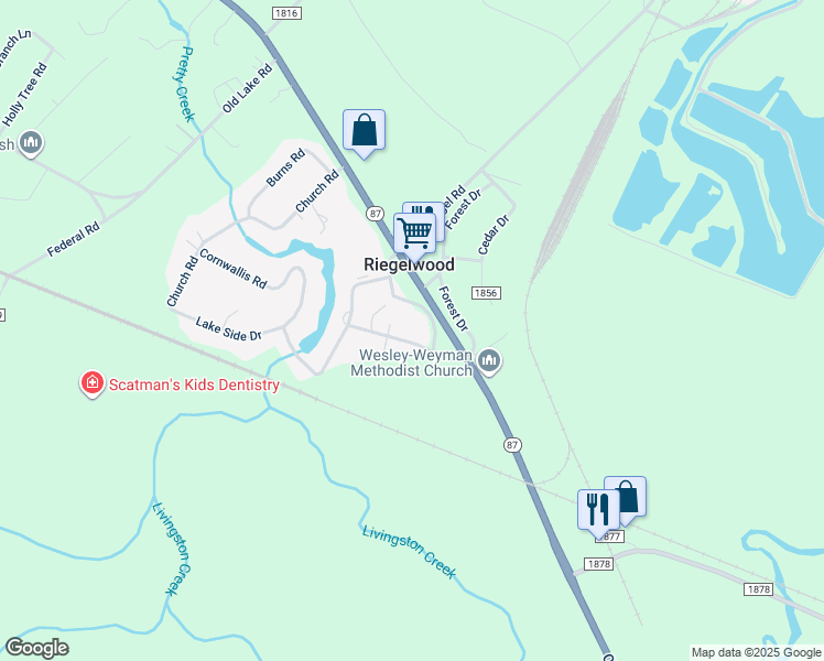 map of restaurants, bars, coffee shops, grocery stores, and more near 202 Cornwallis Road in Riegelwood