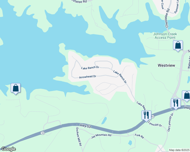 map of restaurants, bars, coffee shops, grocery stores, and more near Arrowhead Drive in Gainesville