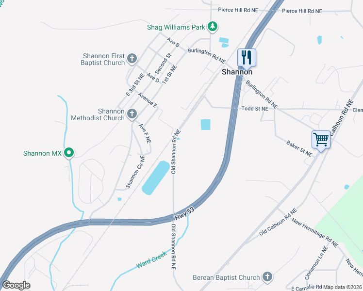 map of restaurants, bars, coffee shops, grocery stores, and more near 406 Old Shannon Road Northeast in Rome
