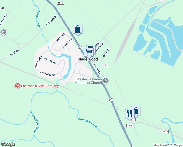 map of restaurants, bars, coffee shops, grocery stores, and more near 112 Green Road in Riegelwood