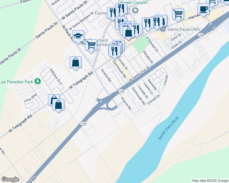 map of restaurants, bars, coffee shops, grocery stores, and more near 440 Acacia Road in Santa Paula