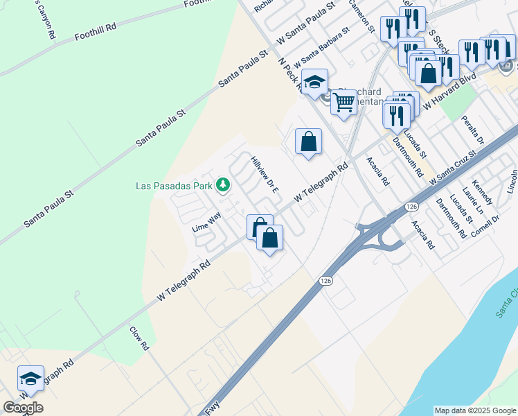 map of restaurants, bars, coffee shops, grocery stores, and more near 975 West Telegraph Road in Santa Paula