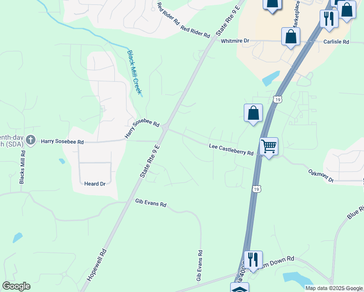 map of restaurants, bars, coffee shops, grocery stores, and more near 46 Parkwood Drive in Dawsonville