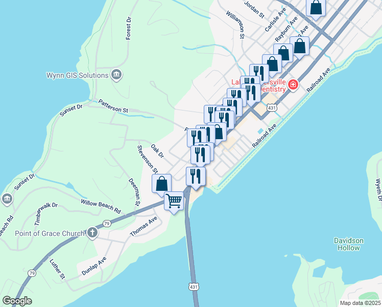 map of restaurants, bars, coffee shops, grocery stores, and more near 2049 Obrig Avenue in Guntersville