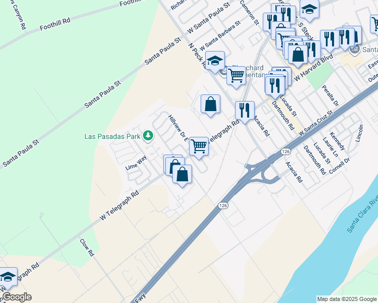 map of restaurants, bars, coffee shops, grocery stores, and more near 975 West Telegraph Road in Santa Paula