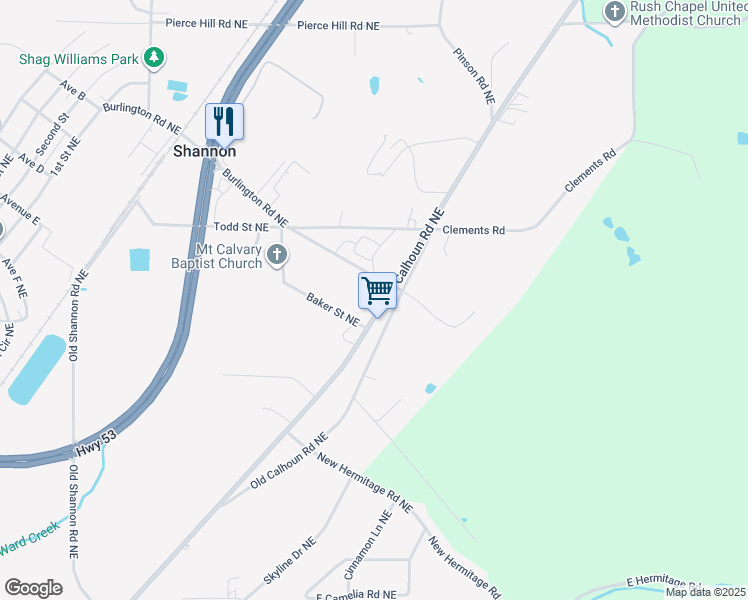 map of restaurants, bars, coffee shops, grocery stores, and more near 4573 Calhoun Highway Northeast in Rome