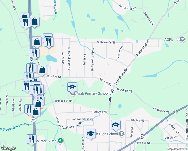 map of restaurants, bars, coffee shops, grocery stores, and more near 1200 Cedar Creek Road Northeast in Arab