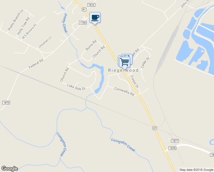map of restaurants, bars, coffee shops, grocery stores, and more near 109 Waccamaw Drive in Riegelwood