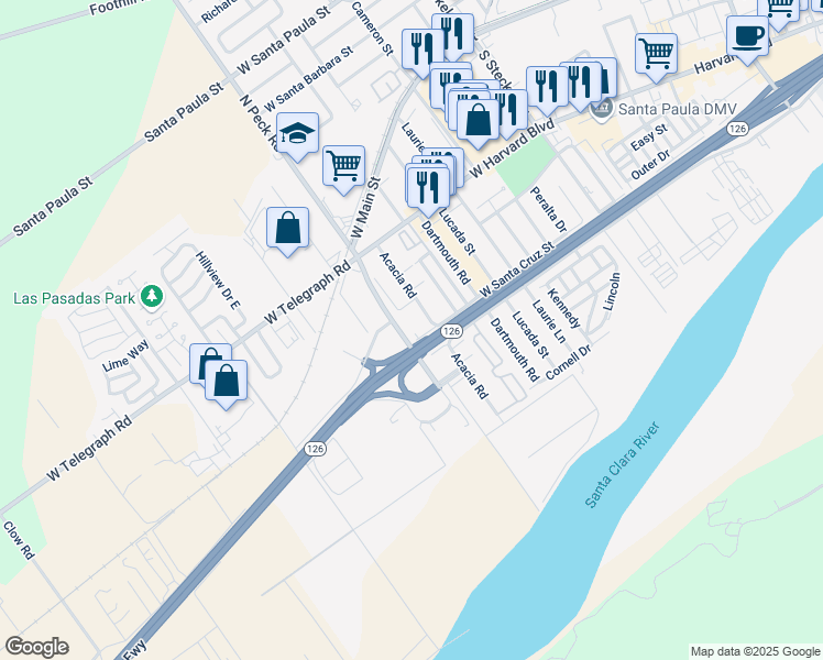 map of restaurants, bars, coffee shops, grocery stores, and more near 450 Acacia Road in Santa Paula